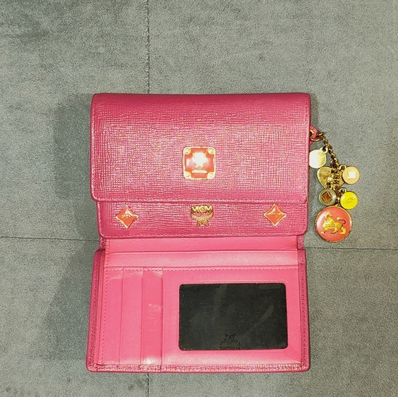 MCM Pink Short Studded Leather Charm Trifold Wallet - Picture 4 of 15